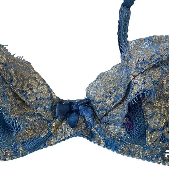 L'Agent by Agent Provocateur Blue & Gold Lace Bra and Thong Panty Lingerie Set - Picture 2 of 9